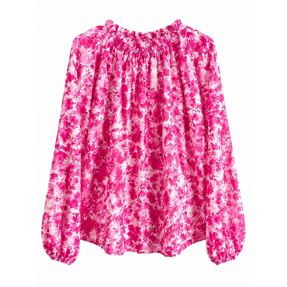 Vince Camuto Women's Pink Floral Ruffle Neck Open Sleeve Blouse Top Size M